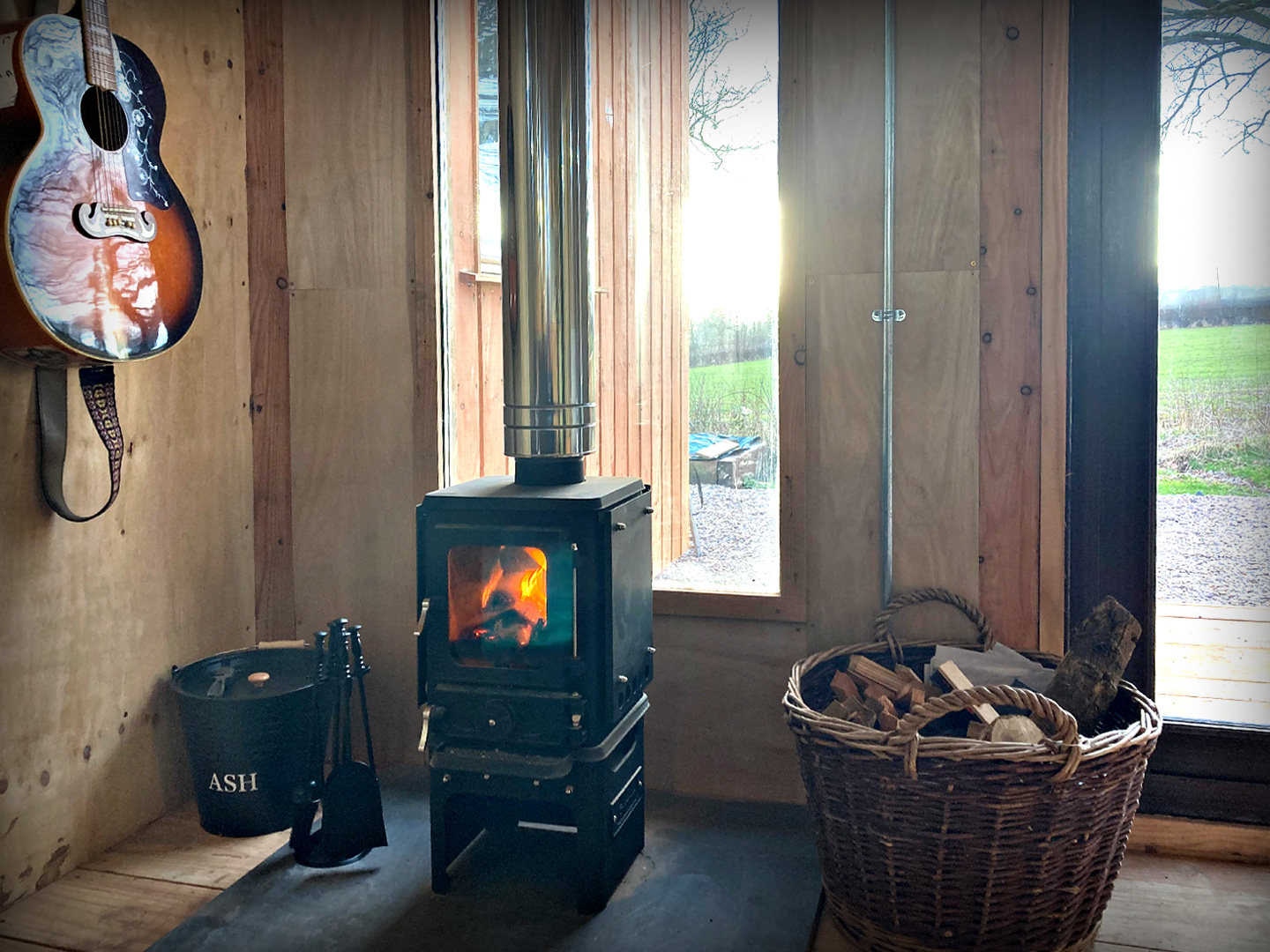 Wood burner in the Scrumpy Hut.